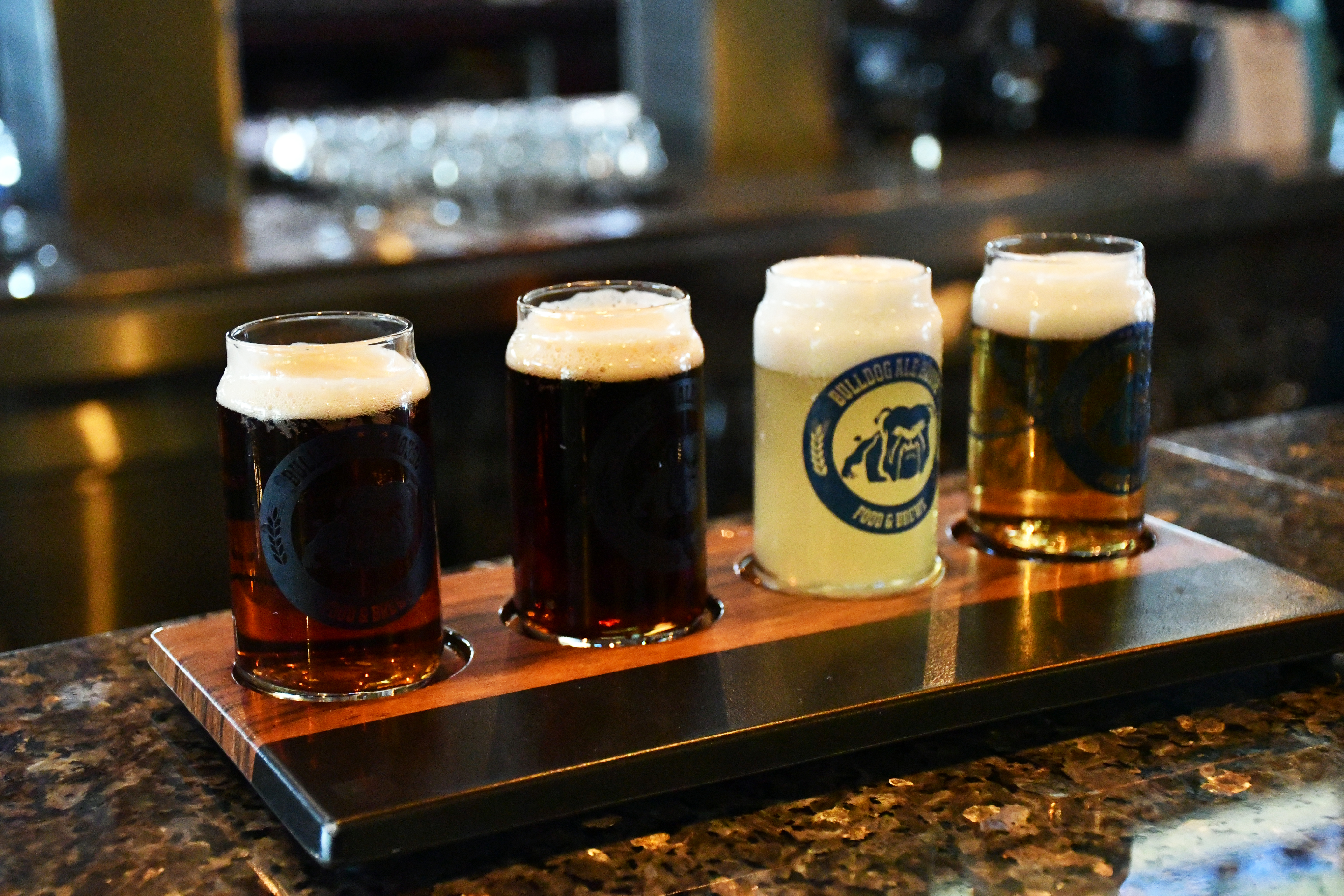 Photo: /1623/BULLDOGALEHOUSE Bulldog - Flight (Red Lager, Creamy Dark, White Ale, Honey Weiss).JPG